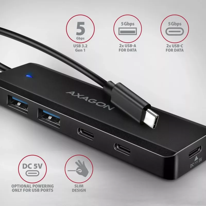 AXAGON HUE-C2C Hub de viagem USB-C 5 Gbps, 2x USB-A + 2x USB-C, USB-C Power IN, cabo de 19 cm