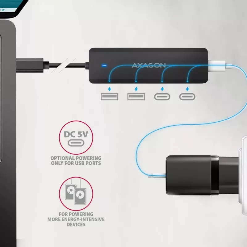 AXAGON HUE-C2C Hub de viagem USB-C 5 Gbps, 2x USB-A + 2x USB-C, USB-C Power IN, cabo de 19 cm