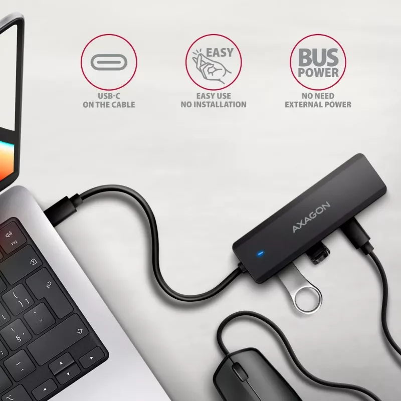 AXAGON HUE-C2C Hub de viagem USB-C 5 Gbps, 2x USB-A + 2x USB-C, USB-C Power IN, cabo de 19 cm