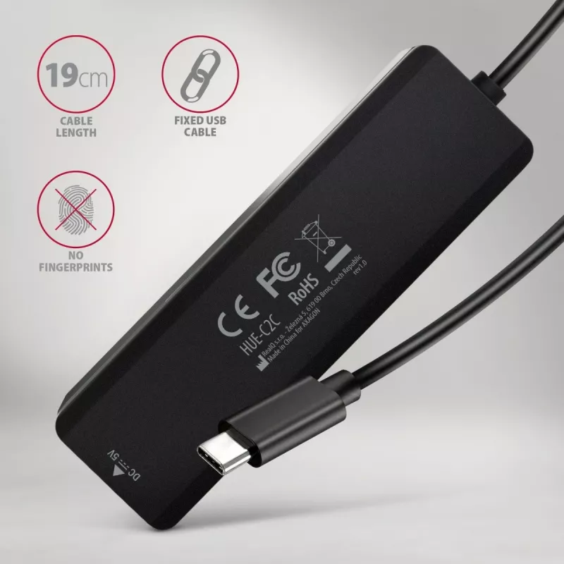 AXAGON HUE-C2C Hub de viagem USB-C 5 Gbps, 2x USB-A + 2x USB-C, USB-C Power IN, cabo de 19 cm