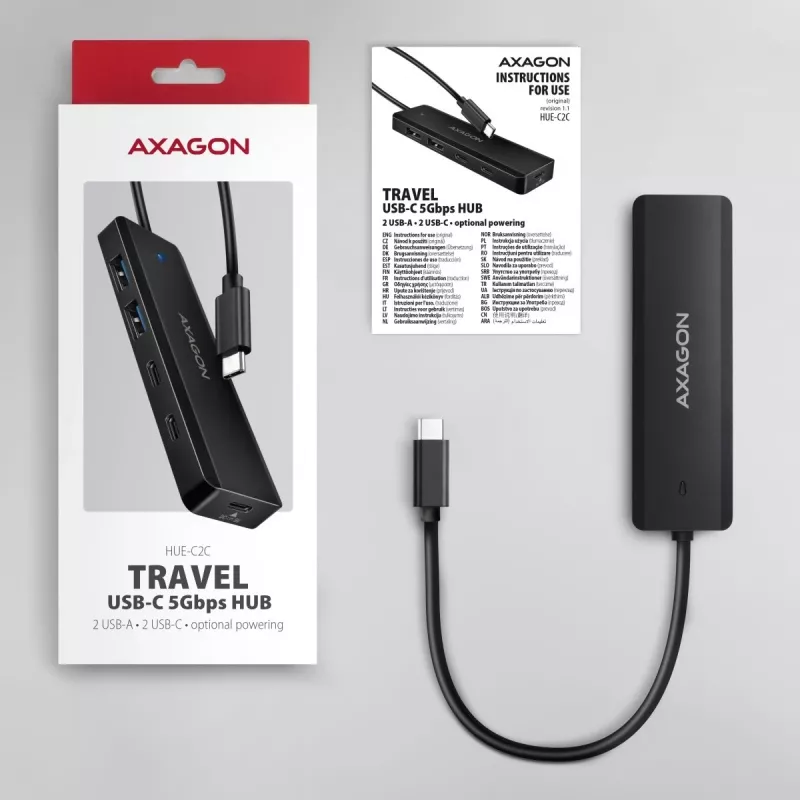 AXAGON HUE-C2C Hub de viagem USB-C 5 Gbps, 2x USB-A + 2x USB-C, USB-C Power IN, cabo de 19 cm