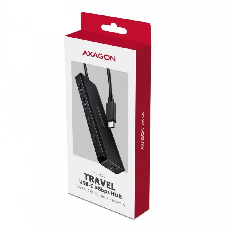 AXAGON HUE-C2C Hub de viagem USB-C 5 Gbps, 2x USB-A + 2x USB-C, USB-C Power IN, cabo de 19 cm