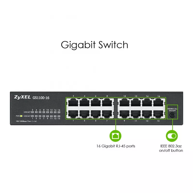 ZyXEL GS1100-16E Switch Gigabit Não Gerido de 16 Portas em Metal