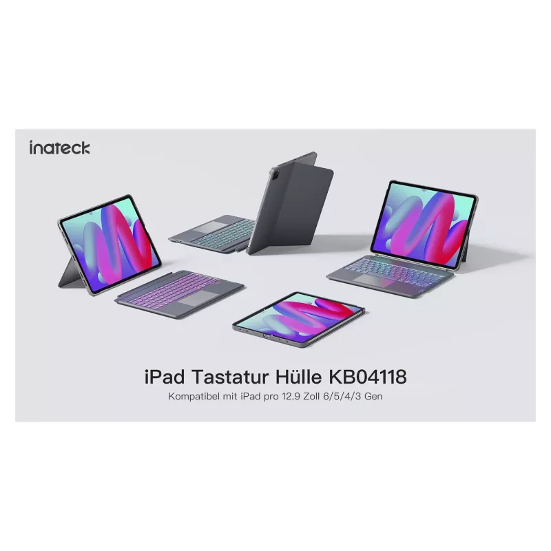 Inateck KB04118 Teclado para iPad Pro 12.9 (3.ª-6.ª geração) e iPad Air 13, QWERTZ, cinzento