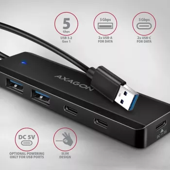 AXAGON HUE-C2A Hub de Viagem 5 Gbps, 2x USB-A + 2x USB-C, USB-C Power IN, Cabo USB-A 19 cm