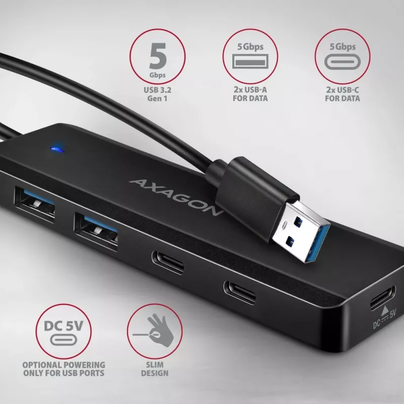 AXAGON HUE-C2A Hub de viagem 5 Gbps, 2x USB-A + 2x USB-C, USB-C Power IN, cabo USB-A de 19 cm