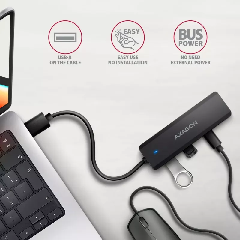 AXAGON HUE-C2A Hub de viagem 5 Gbps, 2x USB-A + 2x USB-C, USB-C Power IN, cabo USB-A de 19 cm