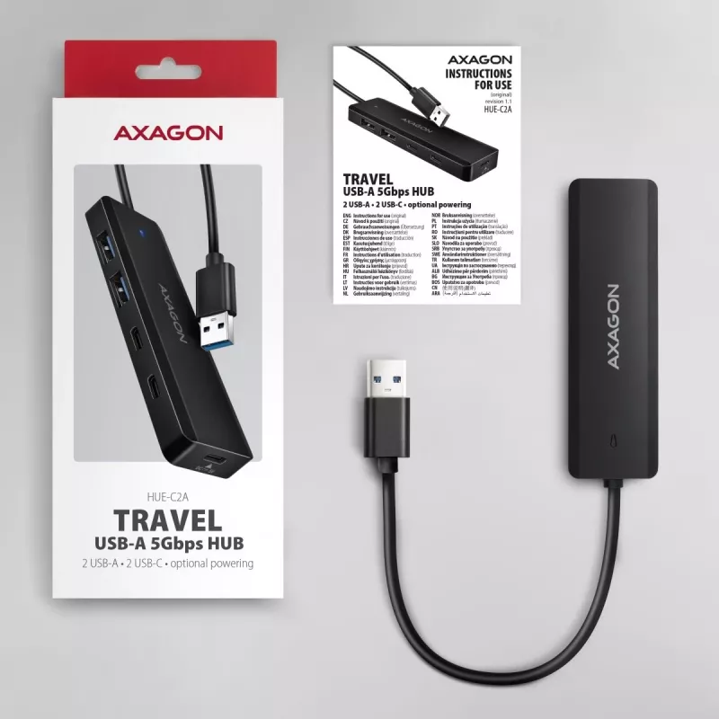 AXAGON HUE-C2A Hub de viagem 5 Gbps, 2x USB-A + 2x USB-C, USB-C Power IN, cabo USB-A de 19 cm