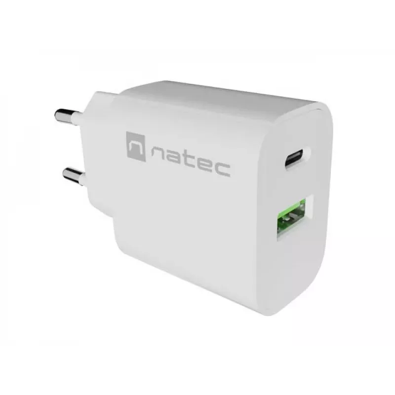 NATEC Ribera Carregador de Parede 1x USB-A + 1x USB-C 20W Branco