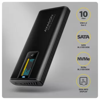 Caixa Externa AXAGON EEM2-SD2B 10Gbps M.2 NVMe/SATA SSD com Indicador LED, USB-C, Preto