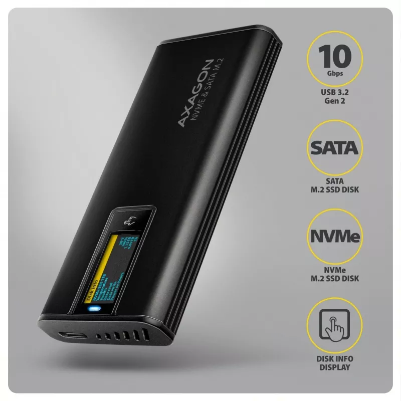 Caixa Externa AXAGON EEM2-SD2B 10Gbps M.2 NVMe/SATA SSD com Indicador LED, USB-C, Preto