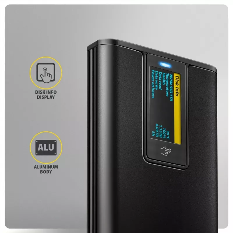 Caixa Externa AXAGON EEM2-SD2B 10Gbps M.2 NVMe/SATA SSD com Indicador LED, USB-C, Preto