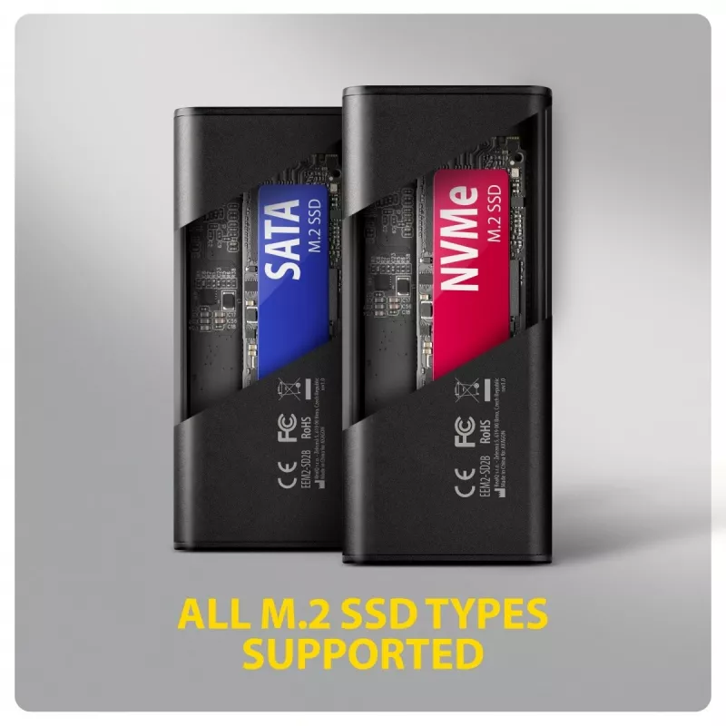 Caixa Externa AXAGON EEM2-SD2B 10Gbps M.2 NVMe/SATA SSD com Indicador LED, USB-C, Preto