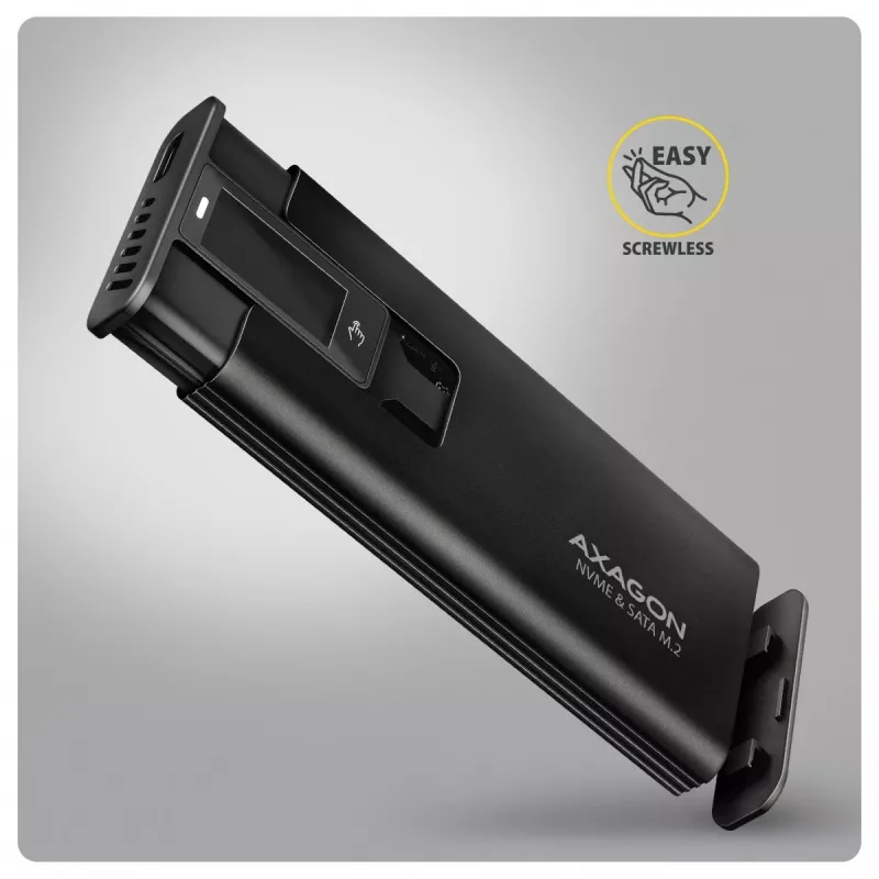 Caixa Externa AXAGON EEM2-SD2B 10Gbps M.2 NVMe/SATA SSD com Indicador LED, USB-C, Preto