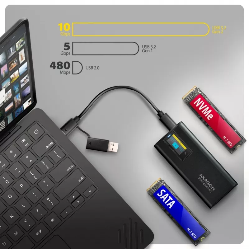 Caixa Externa AXAGON EEM2-SD2B 10Gbps M.2 NVMe/SATA SSD com Indicador LED, USB-C, Preto