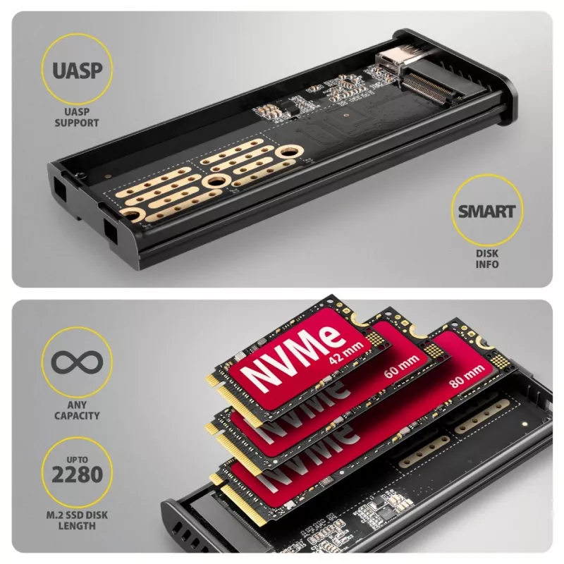 Caixa Externa AXAGON EEM2-SD2B 10Gbps M.2 NVMe/SATA SSD com Indicador LED, USB-C, Preto
