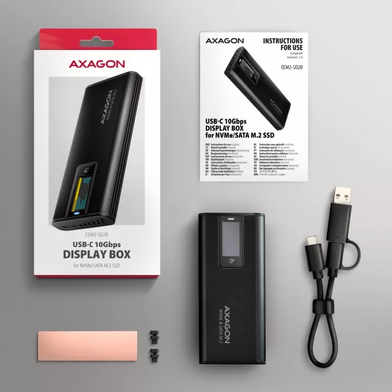 Caixa Externa AXAGON EEM2-SD2B 10Gbps M.2 NVMe/SATA SSD com Indicador LED, USB-C, Preto
