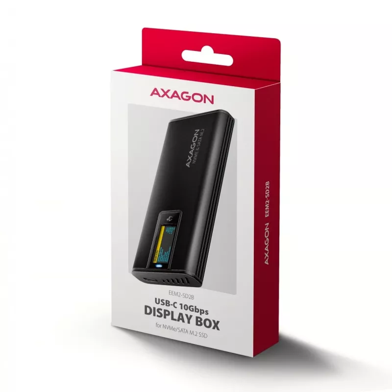 Caixa Externa AXAGON EEM2-SD2B 10Gbps M.2 NVMe/SATA SSD com Indicador LED, USB-C, Preto