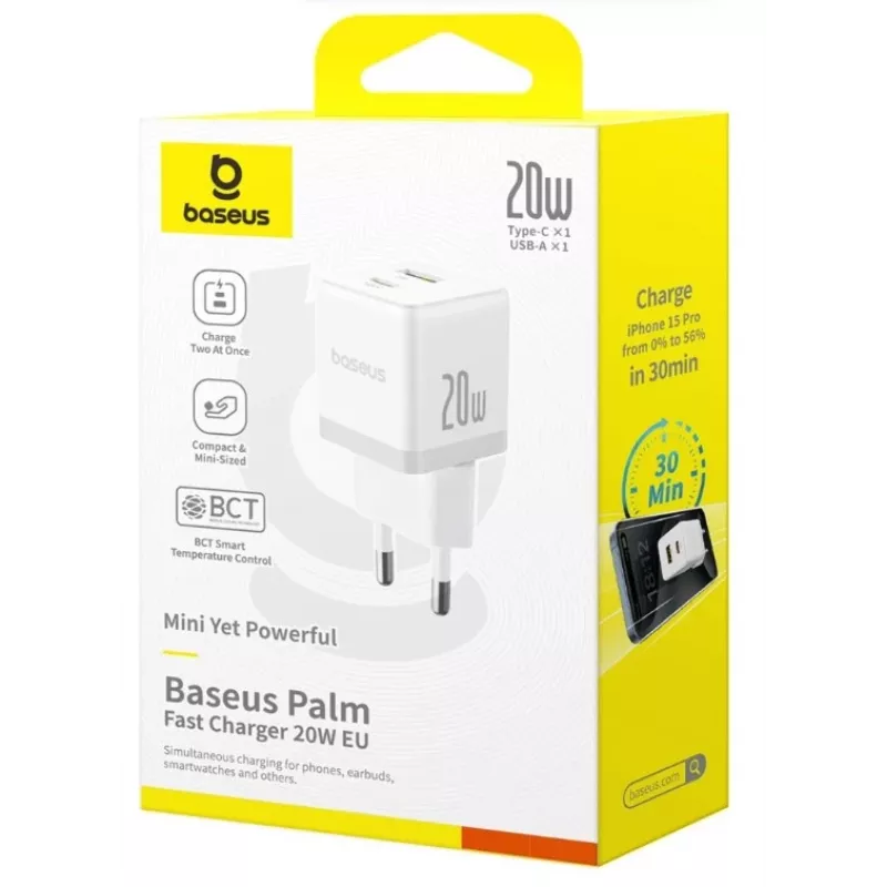 Baseus Palm 20W carregador de parede USB-C + USB-A, branco