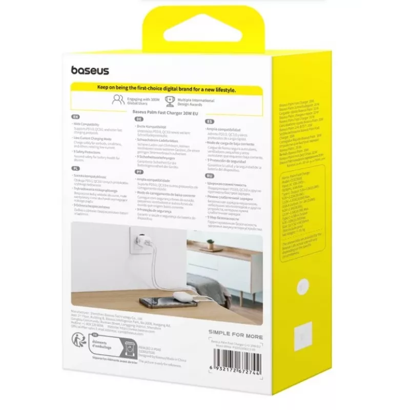 Baseus Palm 20W carregador de parede USB-C + USB-A, branco