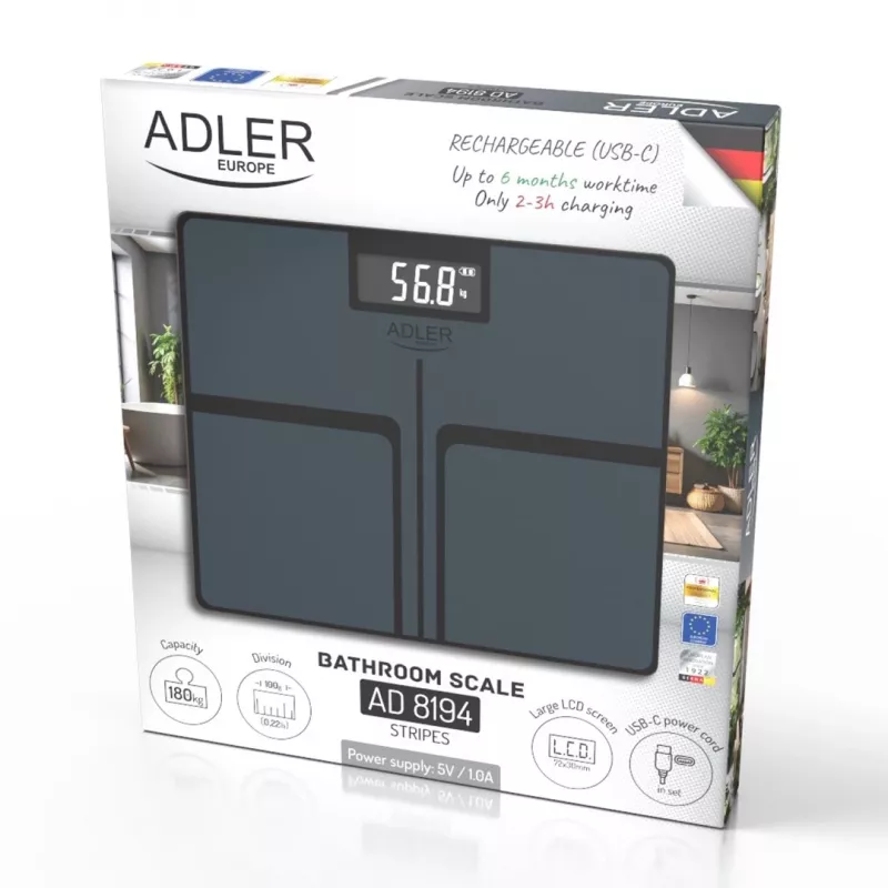 Adler AD 8194s Balança de pessoa digital, branco, padrão de riscas, capacidade 180 kg