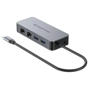 CONCEPTRONIC adaptador de USB-C para 2x Gigabit Ethernet + 2x USB-A 3.2 Gen 1, 0,3m, cinzento