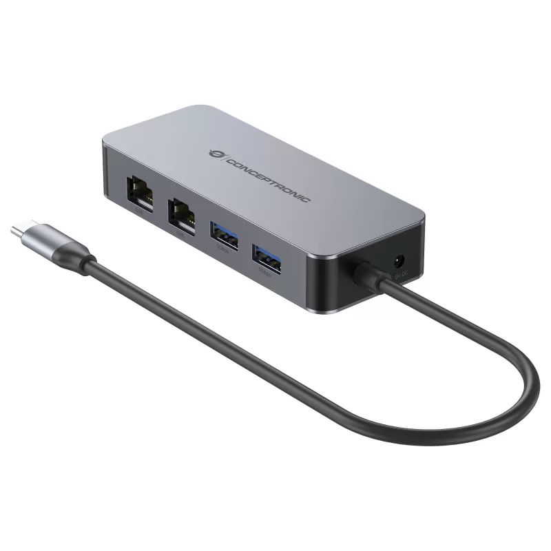 CONCEPTRONIC adaptador de USB-C para 2x Gigabit Ethernet + 2x USB-A 3.2 Gen 1, 0,3m, cinzento