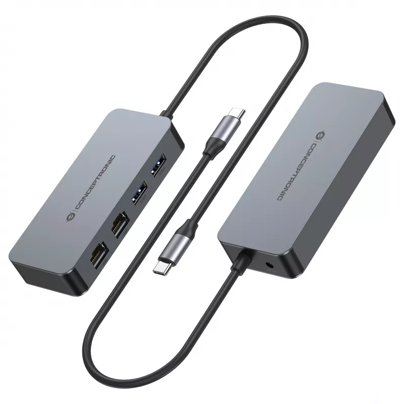 CONCEPTRONIC adaptador de USB-C para 2x Gigabit Ethernet + 2x USB-A 3.2 Gen 1, 0,3m, cinzento