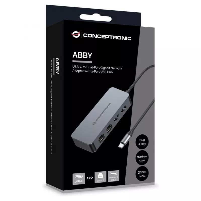 CONCEPTRONIC adaptador de USB-C para 2x Gigabit Ethernet + 2x USB-A 3.2 Gen 1, 0,3m, cinzento