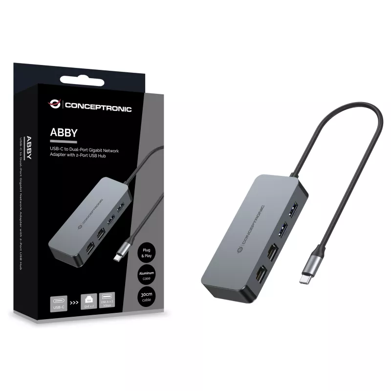 CONCEPTRONIC adaptador de USB-C para 2x Gigabit Ethernet + 2x USB-A 3.2 Gen 1, 0,3m, cinzento