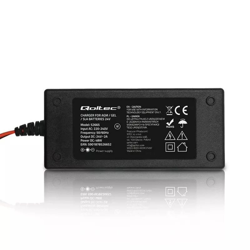 Qoltec 52665 Carregador de baterias automático para baterias AGM GEL STD, 24V 2A 48W, indicador LED, cabo de 1,8m