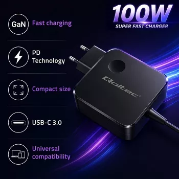 Qoltec Carregador GaN USB-C PD 100W 5-20V 3-5A Preto