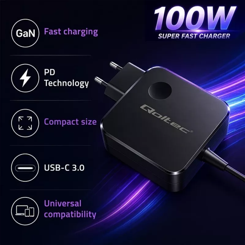 Qoltec Carregador GaN USB-C PD 100W 5-20V 3-5A Preto