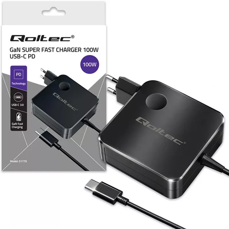 Qoltec Carregador GaN USB-C PD 100W 5-20V 3-5A Preto