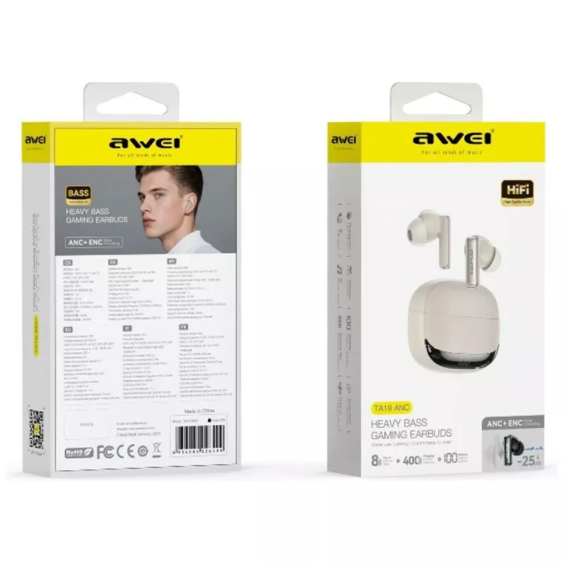 AWEI TA19 ANC TWS Auscultadores Bluetooth 6.0 Beige