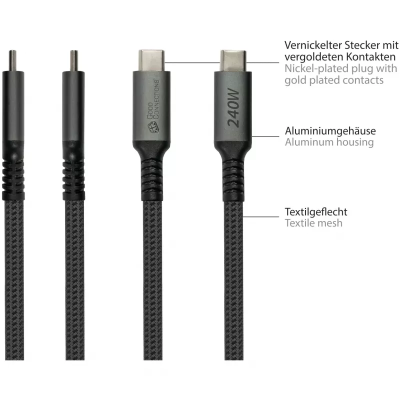 GoodConnections Cabo de Ligação USB-C 2.0 (ST-ST) 3m Revestimento Têxtil 240W Antracite