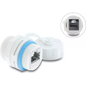 Delock Acoplador RJ45 Cat.6A Fêmea a Fêmea com Rosca M23.5 x 1,5 mm e Tampa de Proteção IP68 à Prova de Poeira e Água Branco (87156)