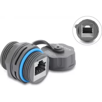 Delock Acoplamento RJ45 fêmea/fêmea Cat.6A com rosca M23,5 x 1,5 mm e tampa de proteção IP68 à prova de pó e água cinzento (87157)