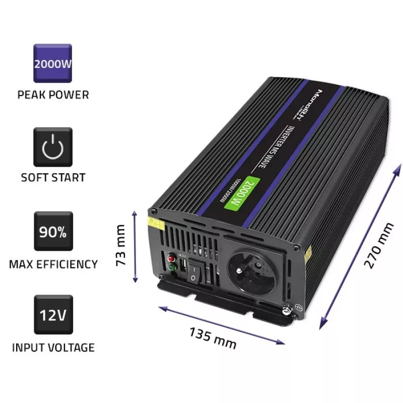 Qoltec Monolith 2000 MS Wave inversor de tensão 12V para 230V 1000/2000W USB