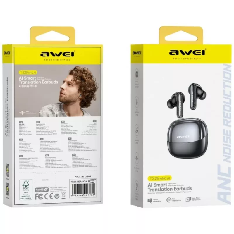 AWEI T229 ANC AI auriculares sem fios com estação de carregamento, cinzento metálico
