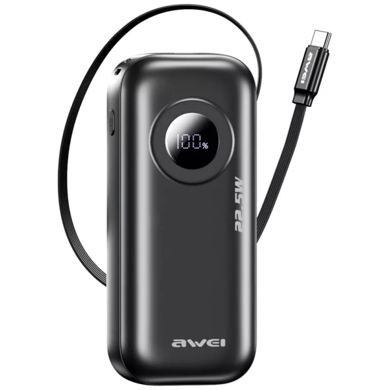 AWEI PowerBank PA-9 10000mAh 22,5W com cabo retrátil preto