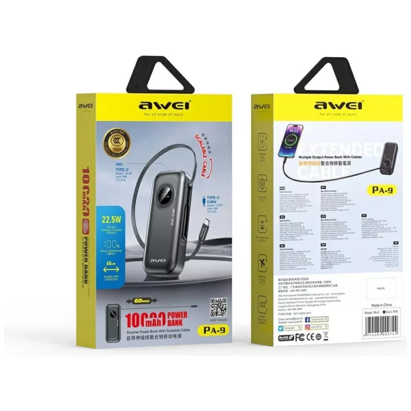 AWEI PowerBank PA-9 10000mAh 22,5W com cabo retrátil preto