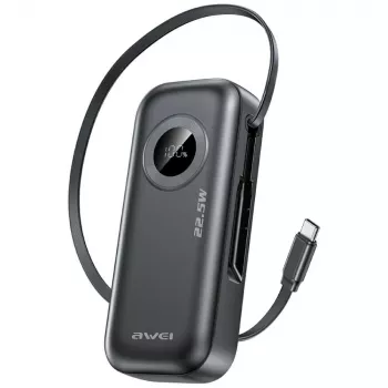 AWEI PowerBank PA-9 10000mAh 22,5W com cabo retrátil preto