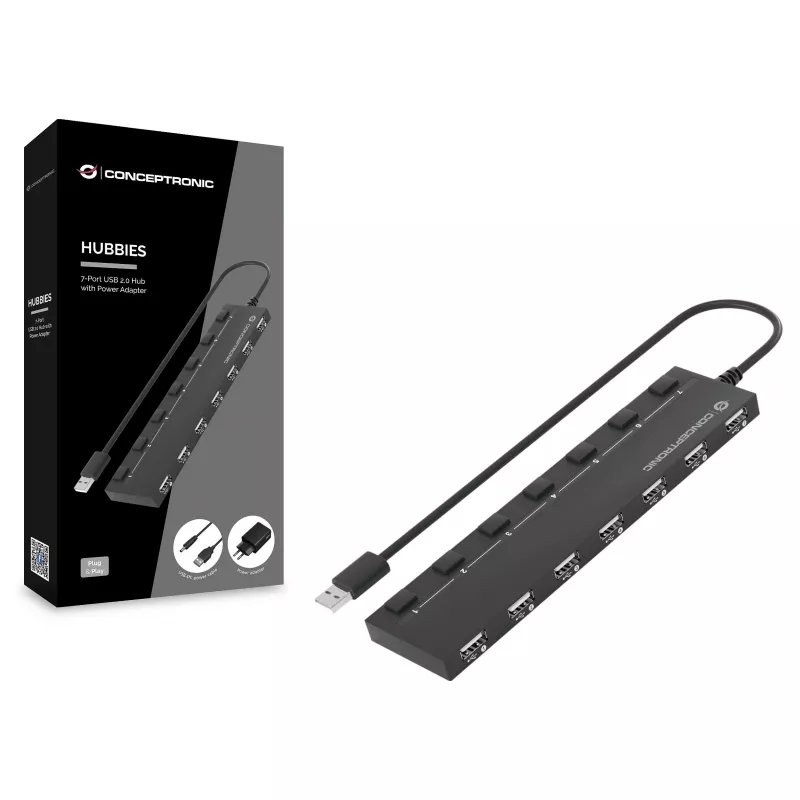 Conceptronic hub USB 2.0 de 7 portas com fonte de alimentação - preto (HUBBIES08BP)