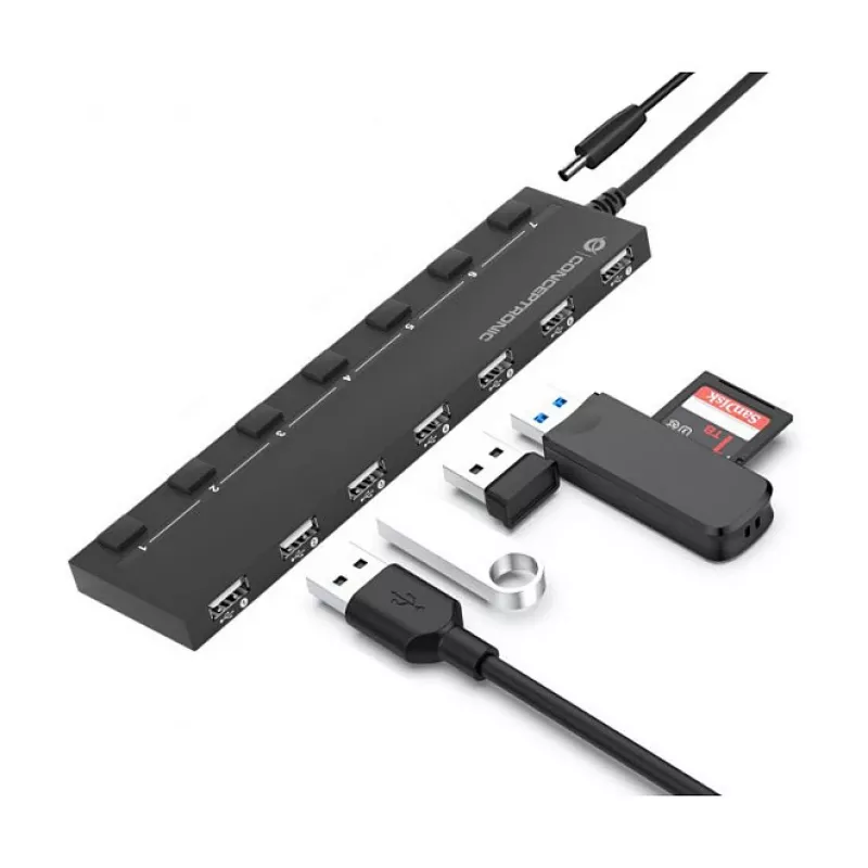 Conceptronic hub USB 2.0 de 7 portas com fonte de alimentação - preto (HUBBIES08BP)