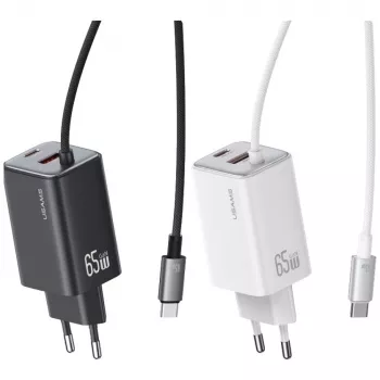 USAMS JC Series CC266 carregador rápido GaN 65W 2xUSB-C 1xUSB-A com cabo USB-C integrado 1,5m branco