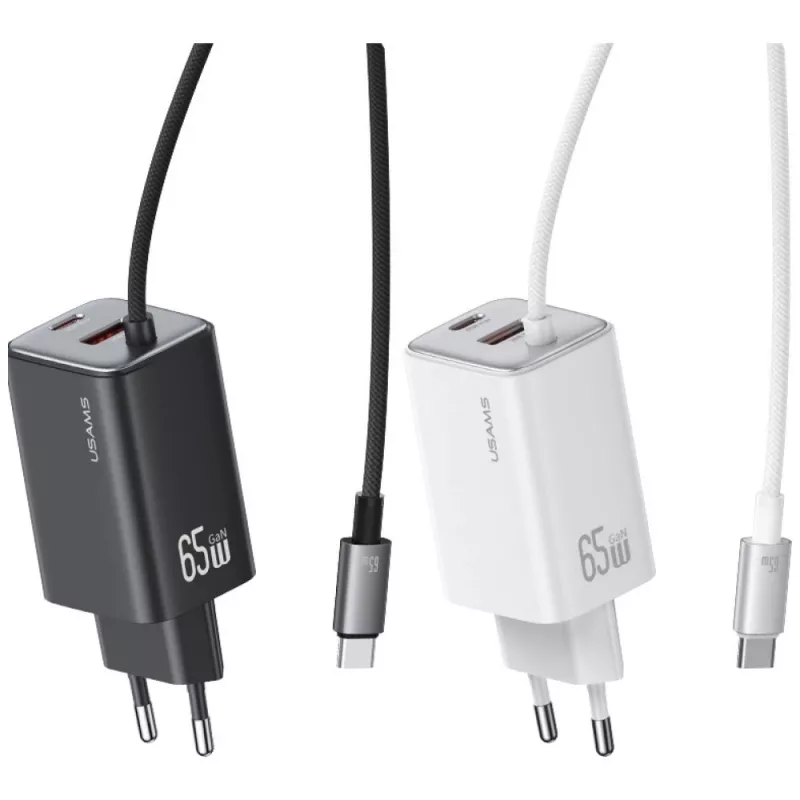 USAMS JC Series CC266 carregador rápido GaN 65W 2xUSB-C 1xUSB-A com cabo USB-C integrado 1,5m branco