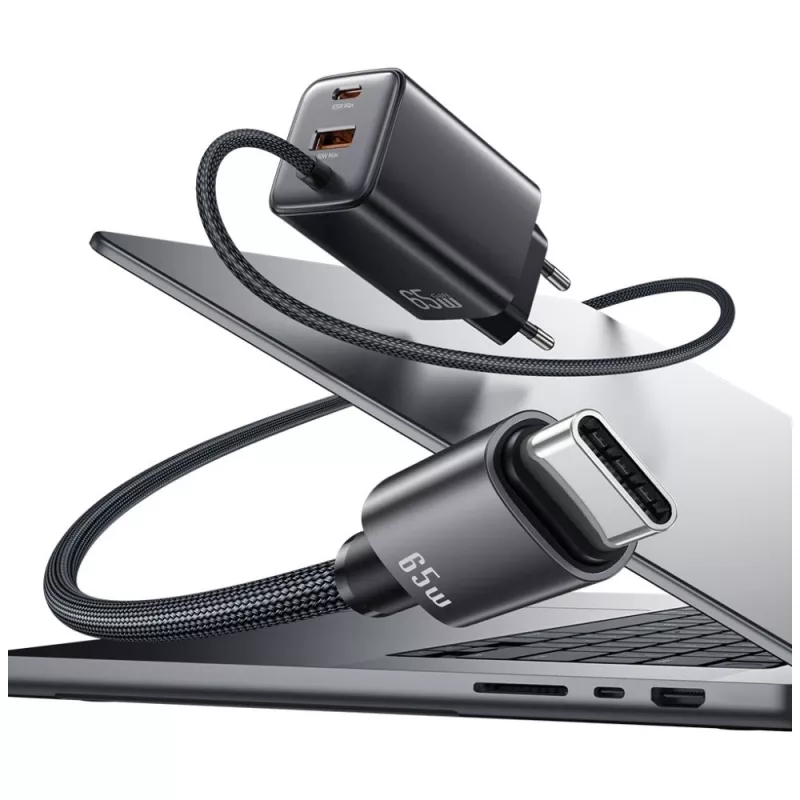 USAMS JC Series CC266 carregador rápido GaN 65W 2xUSB-C 1xUSB-A com cabo USB-C integrado 1,5m branco