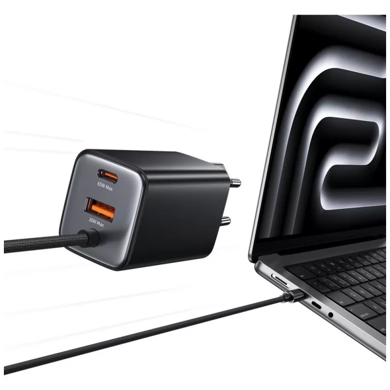 USAMS JC Series CC266 carregador rápido GaN 65W 2xUSB-C 1xUSB-A com cabo USB-C integrado 1,5m branco