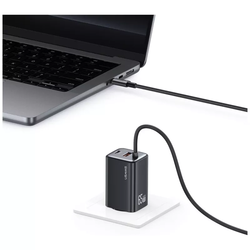 USAMS JC Series CC266 carregador rápido GaN 65W 2xUSB-C 1xUSB-A com cabo USB-C integrado 1,5m branco